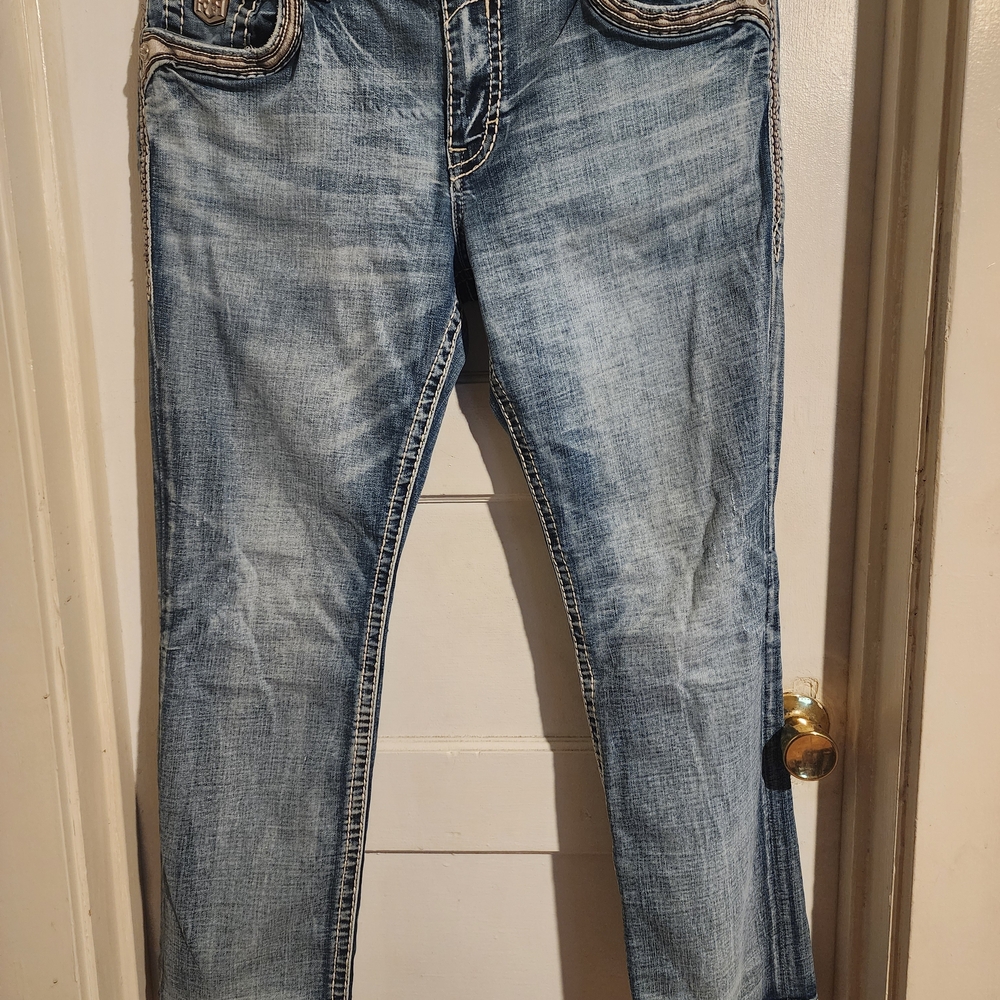 Mens Rock Revival Weston Faded Blue Jeans with Contrast Stitching